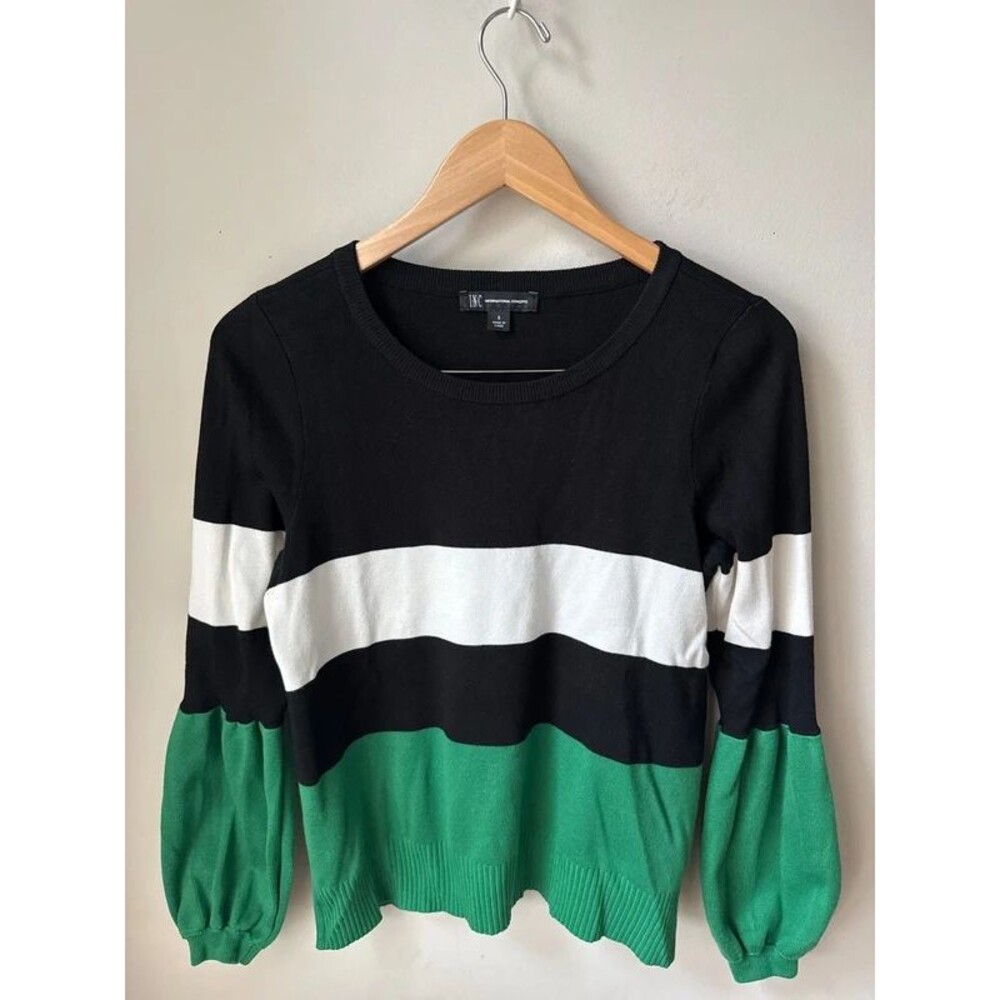 INC Black White Green Colorblock Balloon Sleeve Sweater Small